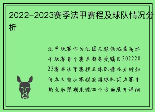 2022-2023赛季法甲赛程及球队情况分析